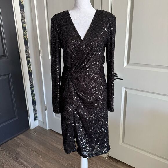 Eliza J Black Sequins Wrap Long Sleeve Cocktail Party Dress Size 6 - Picture 1 of 10